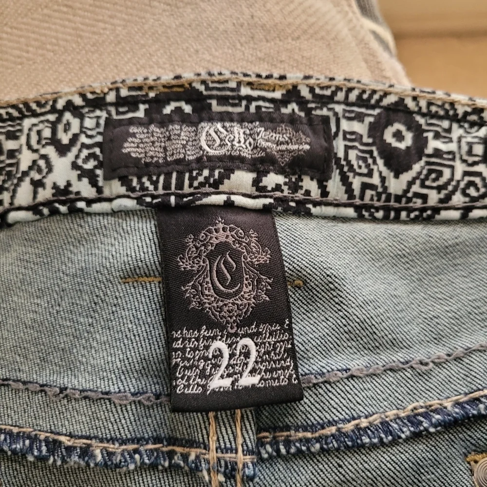 Cello Embroidered Pocket Bootcut Raw Hem Jeans Dark Wash